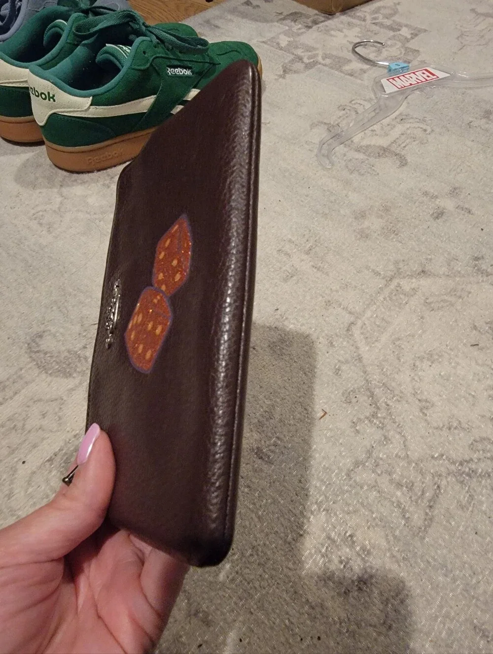 Coach Oxblood/Brown Pebbled Leather Corner Zip Wristet With Orange Dice